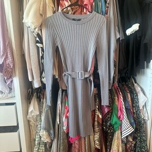 Elegant Blue-Gray Ribbed Knit Dress